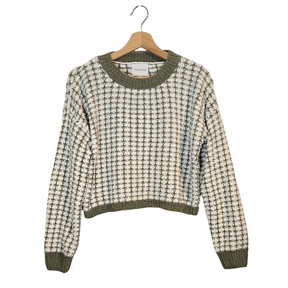 Pink Rose Olive & Cream Cropped Crew Neck Sweater Size M